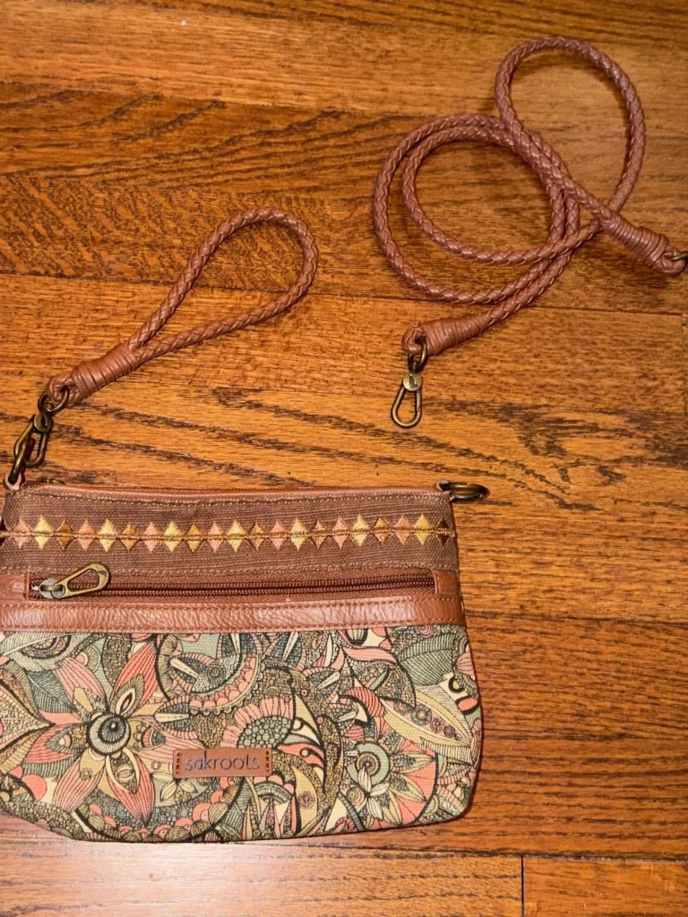 Sakroots Brown Floral Canvas Wristlet with Pink & Cream Accents